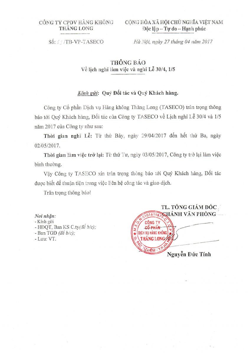 Holiday Notice 30/04 - 01/05/2017