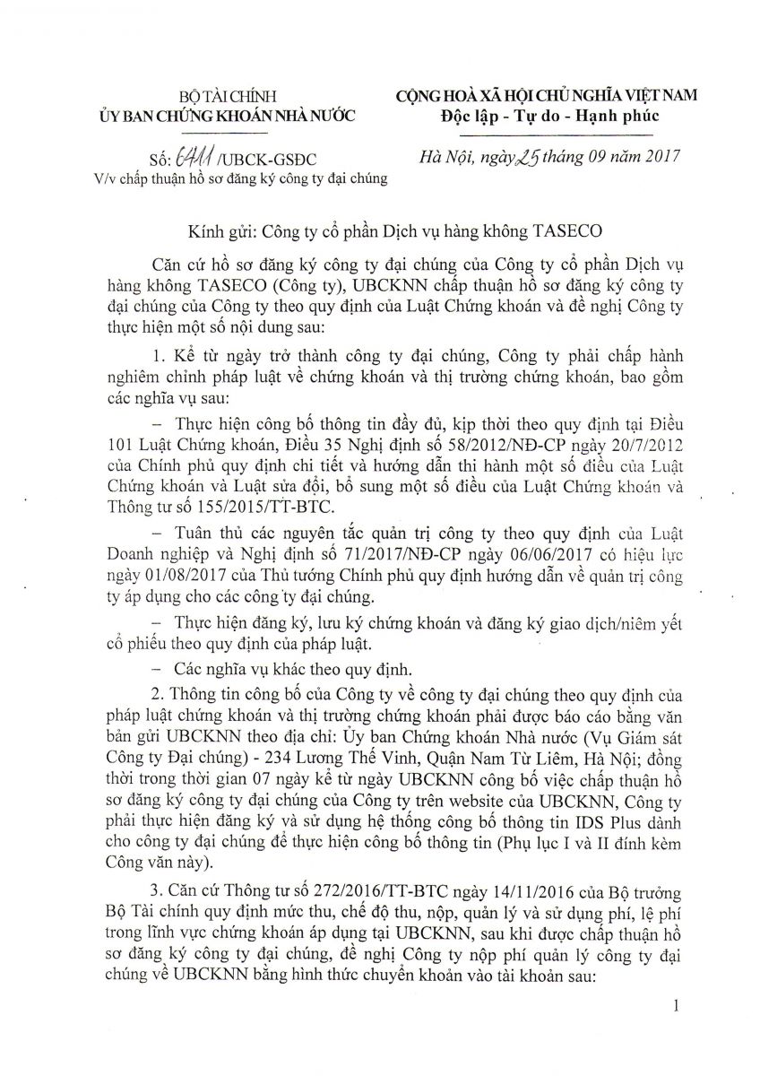 Official letter approving public company registration dossier